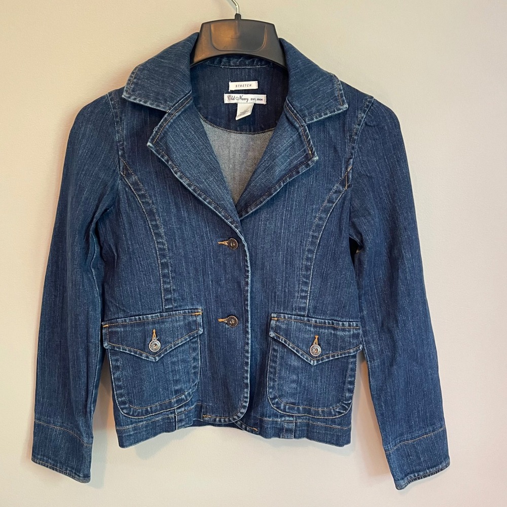 Old Navy Y2K Denim Blazer Jacket Dark Stretch Size Women XS Youth L Bella Swan